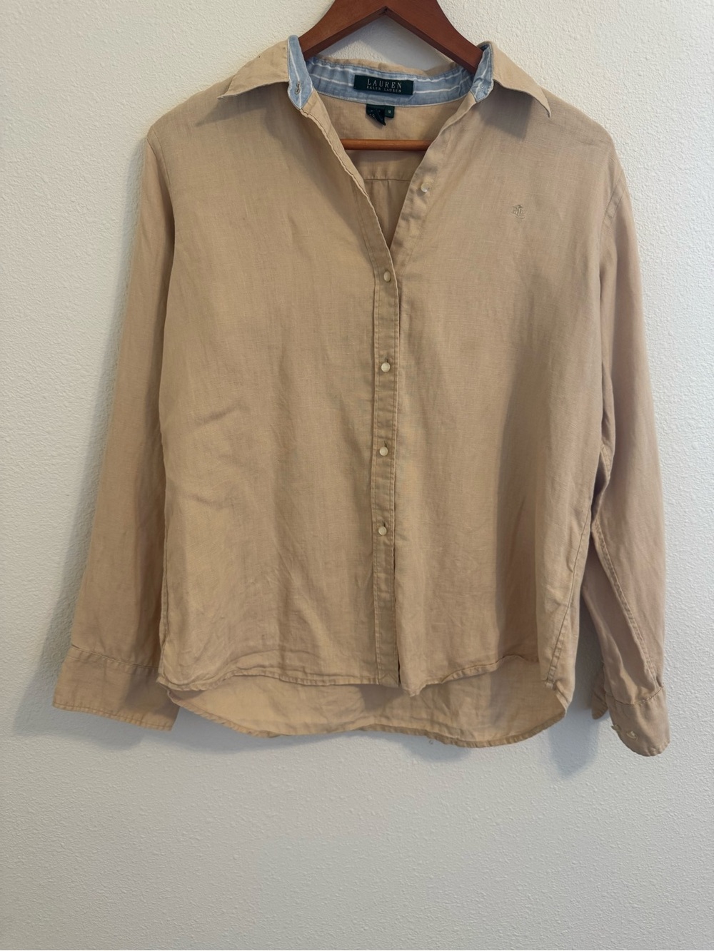 Lauren Ralph Lauren 100% Linen Beige Button Front Shirt Womens Medium
